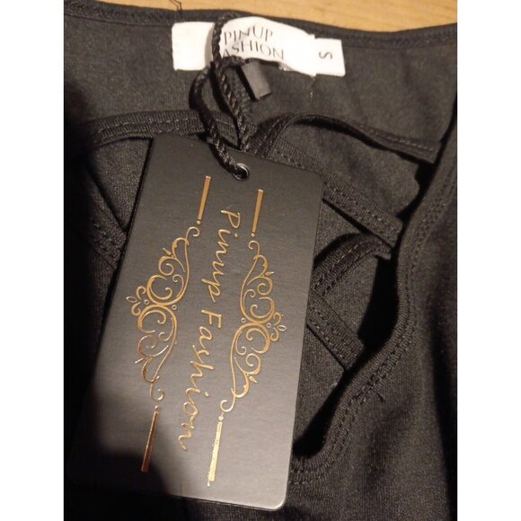 Pinup Fashion Women's S Black Cold Shoulder Mini T-shirt Dress Cross Cross NWT - Picture 5 of 6